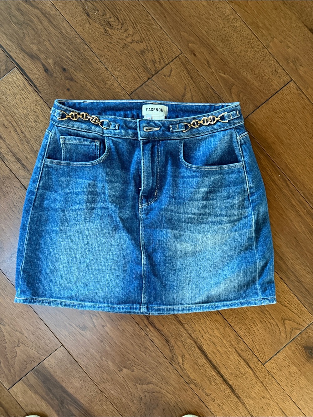 L'AGENCE Denim Mini Skirt with Gold Chain Belt
